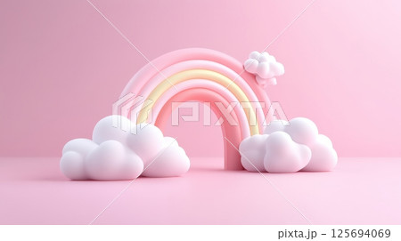 Pastel Rainbow Backdrop with Fluffy Clouds in Minimalist Studio Setting 125694069