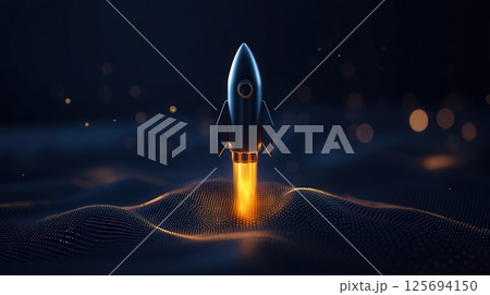 Futuristic Rocket Launching into the Night Sky with Glowing Thrusters 125694150
