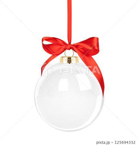 Christmas transparent glass ball with golden ribbon and bow isolated on white background 125694332
