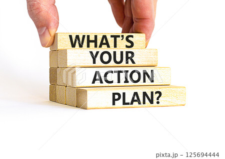 Action plan symbol. Concept words What is your action plan on beautiful wooden blocks. Beautiful white table white background. Businessman hand. Business What is your action plan concept. Copy space Action plan symbol. Concept words What is your action plan on beautiful wooden blocks. Beautiful white table white background. Businessman hand. Business What is your action plan concept. Copy space 125694444