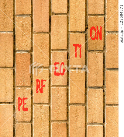 Perfection symbol. Concept word Perfection on beautiful brown bricks. Beautiful brown brick wall background. Business perfection concept. Copy space. 125694571