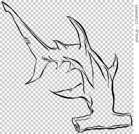 Illustration of black silhouette of a hammerhead shark drawing line 125694693