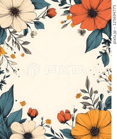 hand-drawn floral border frame template with ivory background, boho theme, 125694775