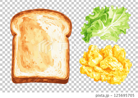 Toast, scrambled eggs, and lettuce watercolor illustration set AI generation 125695705