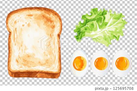 Toast, boiled eggs, and lettuce watercolor illustration set AI generation 125695708