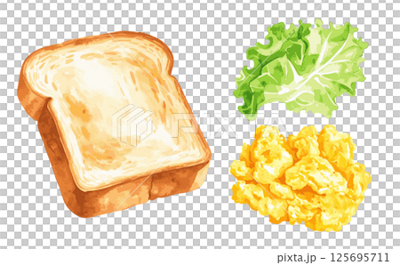 吐司、炒蛋、生菜水彩插畫集AI生成 125695711