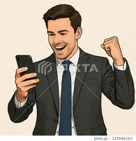 スマホを見てガッツポーズする西洋のビジネスマン 125696163