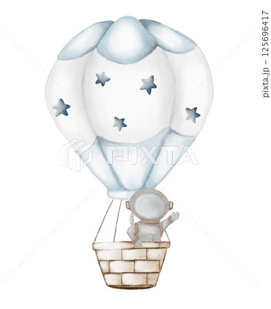 Cute monkey enjoying a hot air balloon ride amidst blue stars in a whimsical design 125696417