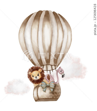 Hot air balloon featuring a lion and flamingo with a vintage design in soft watercolor tones 125696428
