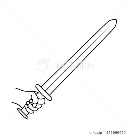 Hand Holding Sword Outline Vector Illustration. Black and white vector illustration of a hand gripping a medieval style sword. 125696453