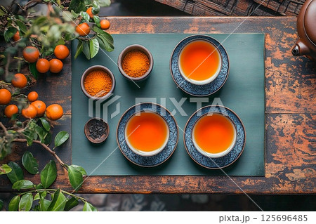 Warm beverage spread with tea, spices, and fruits on a rustic wooden table in a cozy afternoon setup 125696485
