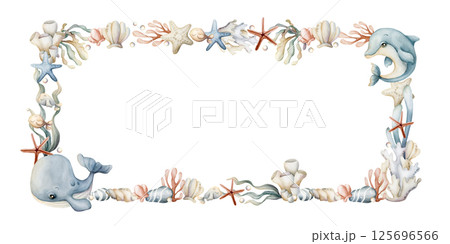 Sea Animals and Plants Frame. Cute whale, dolphin, seaweeds, coral, starfish, shell, sponge, pebbles. Watercolor hand painted summer isolated illustration for kids nursery baby shower undersea design 125696566