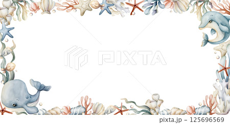 Sea Animals and Plants Frame. Cute whale, dolphin, seaweeds, coral, starfish, shell, sponge, pebbles. Watercolor hand painted summer isolated illustration for kids nursery baby shower undersea design 125696569