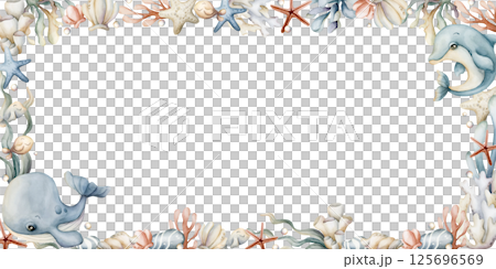 Sea Animals and Plants Frame. Cute whale, dolphin, seaweeds, coral, starfish, shell, sponge, pebbles. Watercolor hand painted summer isolated illustration for kids nursery baby shower undersea design 125696569