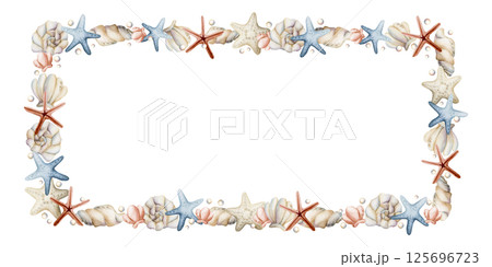 Sea Shells and Starfishes Frame. Cute ocean marine plants animals. Watercolor hand painted summer isolated pastel shades illustration for kids nursery decor baby shower undersea design cards label 125696723