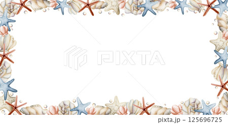 Sea Shells and Starfishes Frame. Cute ocean marine plants animals. Watercolor hand painted summer isolated pastel shades illustration for kids nursery decor baby shower undersea design cards label 125696725