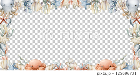 Sea Animals and Plants Frame. Cute octopus, crab, seaweeds, coral, starfish, shell, sponge, pebbles. Watercolor hand painted summer isolated illustration for kids nursery baby shower undersea design Sea Animals and Plants Frame. Cute octopus, crab, seaweeds, coral, starfish, shell, sponge, pebbles. Watercolor hand painted summer isolated illustration for kids nursery baby shower undersea design 125696731