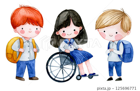 watercolor illustration, cute schoolchildren. back to school, diversity watercolor illustration, cute schoolchildren. back to school, diversity 125696771