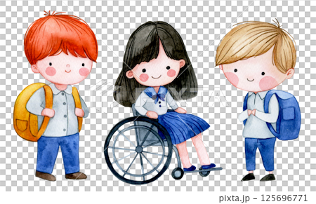 watercolor illustration, cute schoolchildren. back to school, diversity watercolor illustration, cute schoolchildren. back to school, diversity 125696771