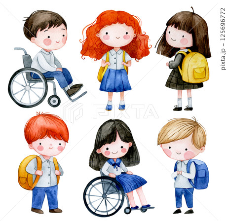 watercolor illustration, cute schoolchildren. back to school, diversity watercolor illustration, cute schoolchildren. back to school, diversity 125696772