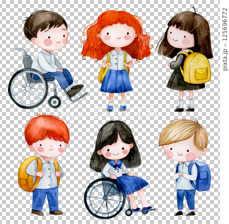 watercolor illustration, cute schoolchildren. back to school, diversity watercolor illustration, cute schoolchildren. back to school, diversity 125696772