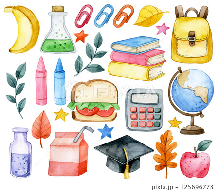 cute watercolor illustration, set of school items. back to school cute watercolor illustration, set of school items. back to school 125696773