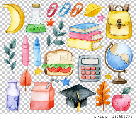 cute watercolor illustration, set of school items. back to school 125696773