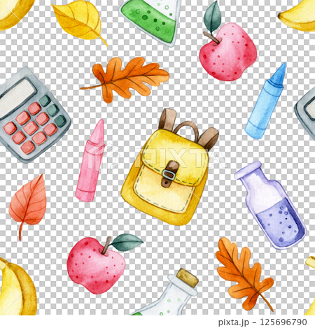 watercolor seamless pattern with school supplies. print for back to school 125696790
