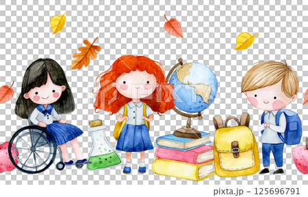 cute watercolor border with school kids and school supplies. seamless banner on back to school theme cute watercolor border with school kids and school supplies. seamless banner on back to school theme 125696791
