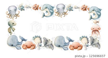 Sea animal Frame. Cute ocean creatures. Adorable underwater world marine inhabitants. Whale dolphin turtle fish. Watercolor hand painted summer isolated illustration kids nursery baby shower undersea 125696837