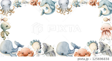 Sea animal Frame. Cute ocean creatures. Adorable underwater world marine inhabitants. Whale dolphin turtle fish. Watercolor hand painted summer isolated illustration kids nursery baby shower undersea Sea animal Frame. Cute ocean creatures. Adorable underwater world marine inhabitants. Whale dolphin turtle fish. Watercolor hand painted summer isolated illustration kids nursery baby shower undersea 125696838