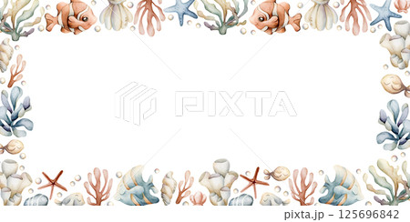 Sea Ocean Fishes Plants Frame. Cute clown fish, angelfish, seaweed, coral, starfish, shell, pearl. Watercolor hand painted summer isolated illustration kids nursery baby shower marine undersea design Sea Ocean Fishes Plants Frame. Cute clown fish, angelfish, seaweed, coral, starfish, shell, pearl. Watercolor hand painted summer isolated illustration kids nursery baby shower marine undersea design 125696842