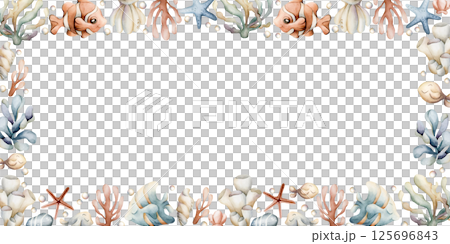 Sea Ocean Fishes Plants Frame. Cute clown fish, angelfish, seaweed, coral, starfish, shell, pearl. Watercolor hand painted summer isolated illustration kids nursery baby shower marine undersea design 125696843