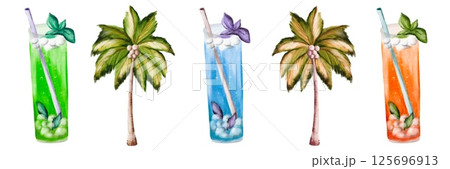 Colorful tropical drinks with palm trees under bright sunlight on a summer day 125696913