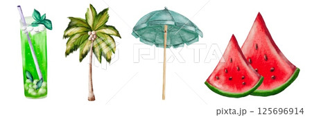 Enjoying summer with refreshing drinks, palm trees, umbrellas, and juicy watermelon slices 125696914