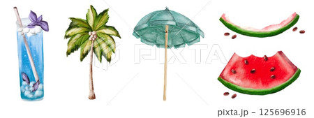Refreshing summer vibes with tropical drinks, umbrellas, and watermelon slices 125696916