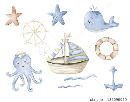 Whimsical marine watercolor illustration featuring baby sea creatures and nautical elements Whimsical marine watercolor illustration featuring baby sea creatures and nautical elements 125696950