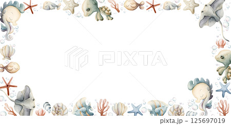 Sea Animals Plants Frame. Cute seahorse stingray turtle fish shell starfish seaweed coral. Adorable underwater world. Watercolor hand painted summer illustration kids nursery baby shower undersea 125697019