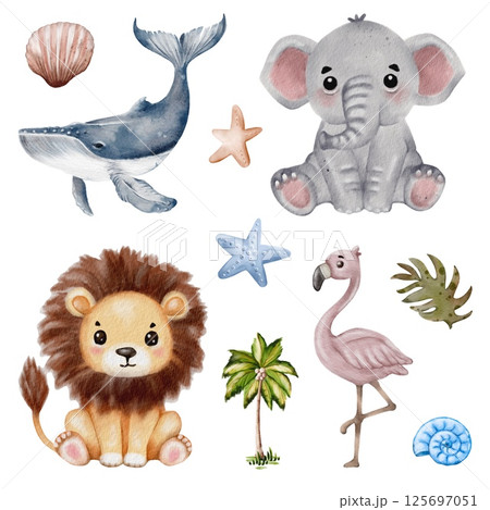 Colorful watercolor illustrations of marine and tropical wildlife on a white background Colorful watercolor illustrations of marine and tropical wildlife on a white background 125697051