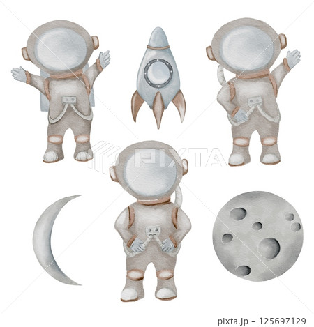 Watercolor baby astronaut themed pattern for playful textile designs 125697129