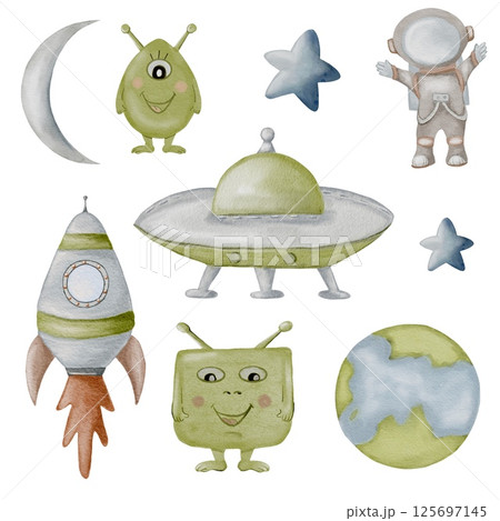 Delightful watercolor baby space creatures and elements for playful textile design 125697145