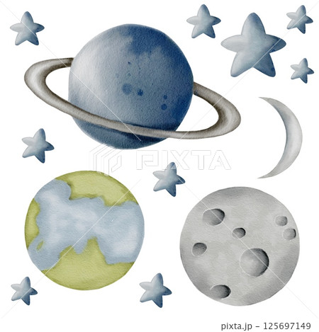 Whimsical watercolor illustrations of space elements featuring planets and stars Whimsical watercolor illustrations of space elements featuring planets and stars 125697149