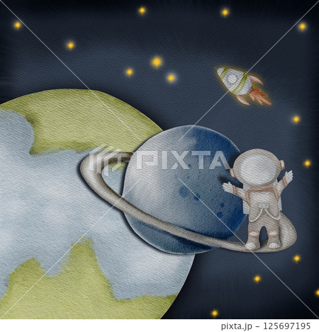An astronaut explores celestial worlds, discovering planets and stars on a cosmic journey 125697195