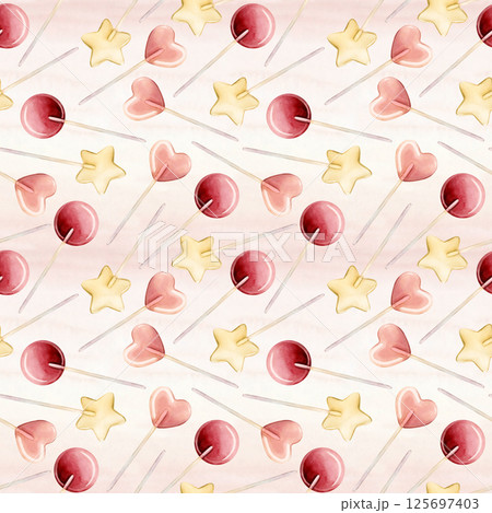 Cute lollipops. Colorful candies on a stick. Watercolor food seamless pattern on pink background for kids baby nursery textile fabric, wrapping paper, whimsical charming girly design, pastel neutral 125697403