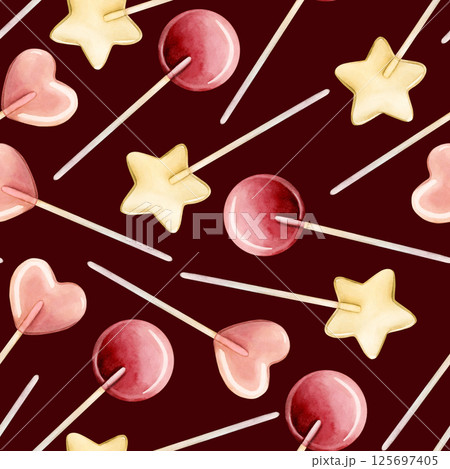Cute lollipops. Colorful candies on a stick. Watercolor food seamless pattern on dark background for kids baby nursery textile fabric, wrapping paper, whimsical charming girly design, pastel neutral 125697405