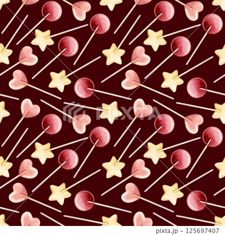Cute lollipops. Colorful candies on a stick. Watercolor food seamless pattern on dark background for kids baby nursery textile fabric, wrapping paper, whimsical charming girly design, pastel neutral Cute lollipops. Colorful candies on a stick. Watercolor food seamless pattern on dark background for kids baby nursery textile fabric, wrapping paper, whimsical charming girly design, pastel neutral 125697407