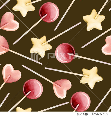 Cute lollipops. Colorful candies on a stick. Watercolor food seamless pattern on dark background for kids baby nursery textile fabric, wrapping paper, whimsical charming girly design, pastel neutral 125697409