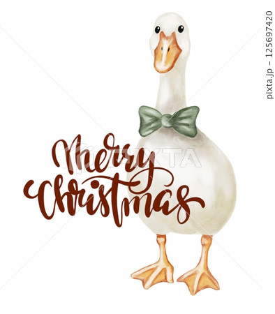 Charming goose with bow tie wishing Merry Christmas in a delightful watercolor design 125697420