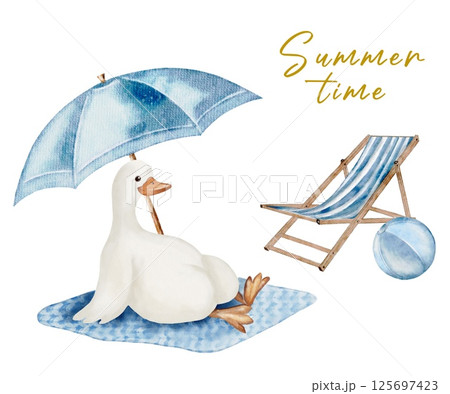 Geese enjoying a summer day under an umbrella with beach chair and ball in watercolor style design 125697423