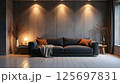 Modern Minimalist Living Room with Cozy Lighting and Dark Sofa 125697831